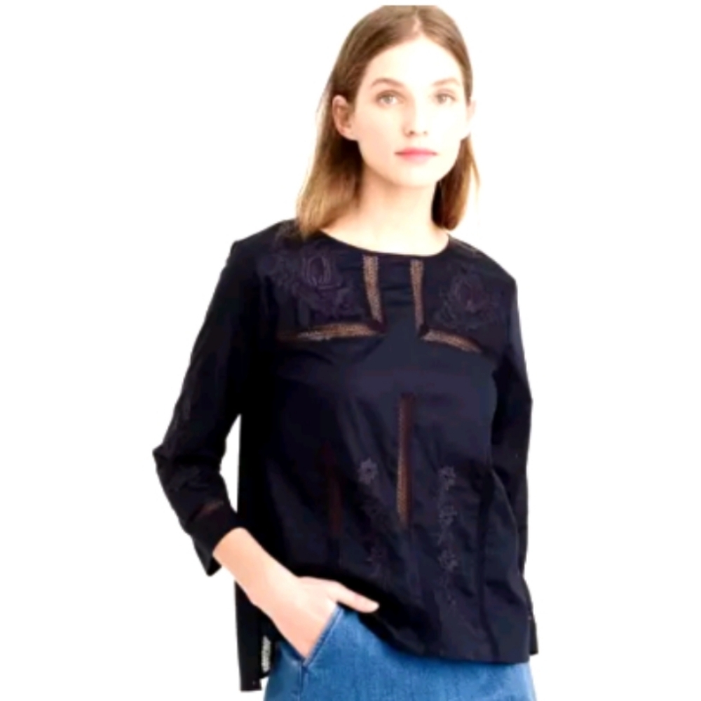 J Crew Cotton Embroidery & Lace Navy Blouse 6